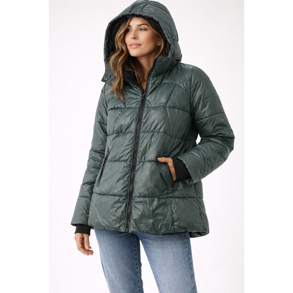 Steve Madden‎ Jacket Women Medium Green Puffer Faux Fur Hood Winter Coat Shiny